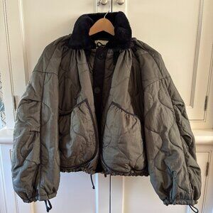 Quilted Olive Bomber Jacket with Black Faux Fur Collar